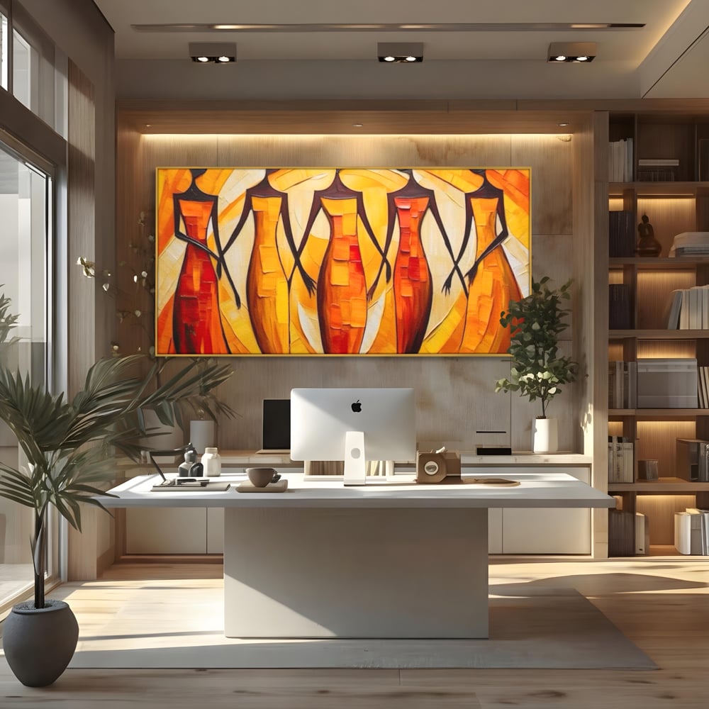 Tablou canvas cu pictura abstracta cu cinci femei stilizate, in rama de aluminiu auriu, pe perete intr-un birou